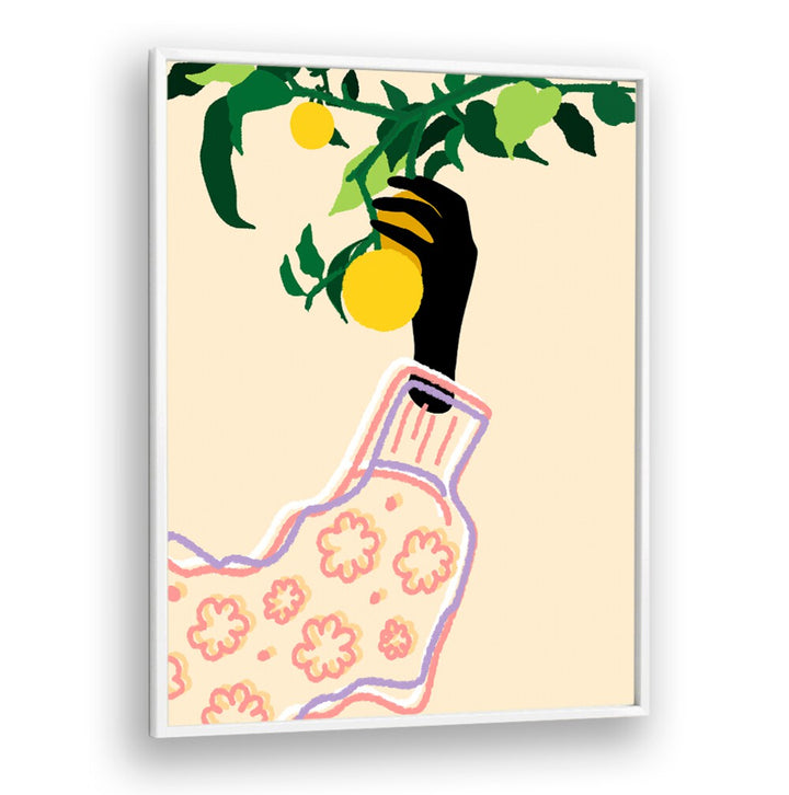 Bright kitchen poster featuring a hand holding citrus fruits, perfect for enhancing your space with CITRUS TOUCH, KITCHEN POSTERS.