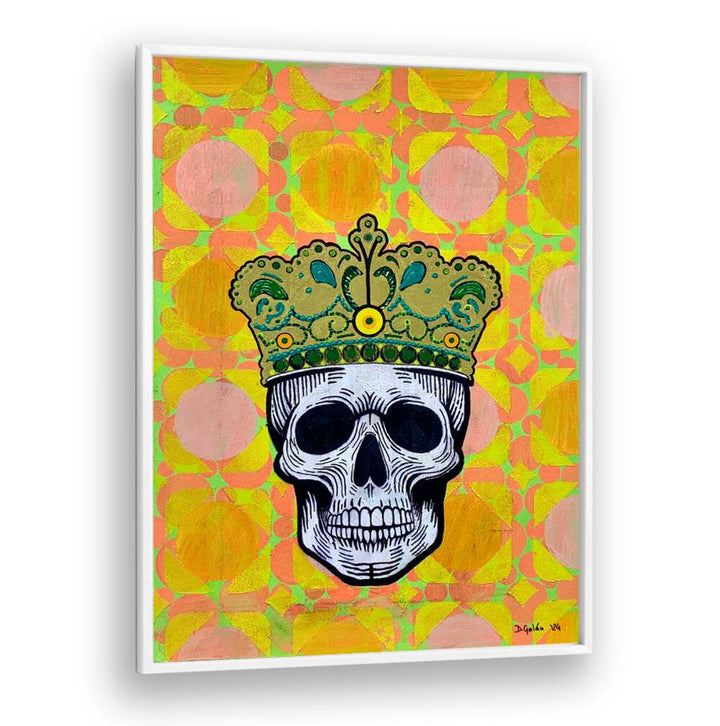 Vibrant MEMENTO MORI 5.0, POP ART PAINTINGS featuring a crowned skull, merging art with philosophy for mindfulness.