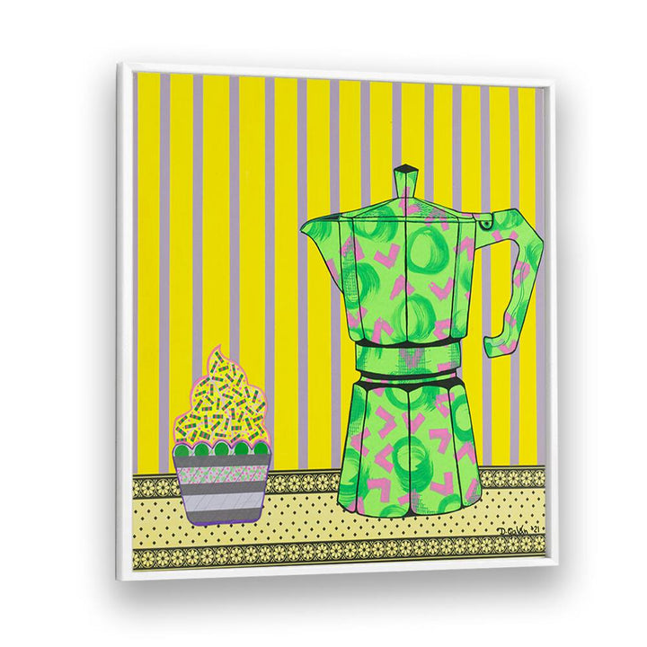 Bright and colorful CAFETERA A CUPCAKE, KITCHEN POSTERS artwork featuring a unique coffee maker and cupcake design.