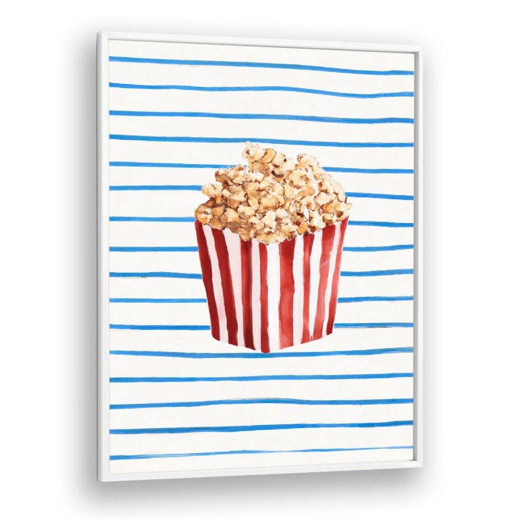 POPCORN TIME , BAR artwork featuring a striped popcorn container against blue lines, perfect for modern cafe decor.