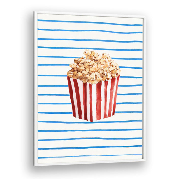 POPCORN TIME , BAR artwork featuring a striped popcorn container against blue lines, perfect for modern cafe decor.