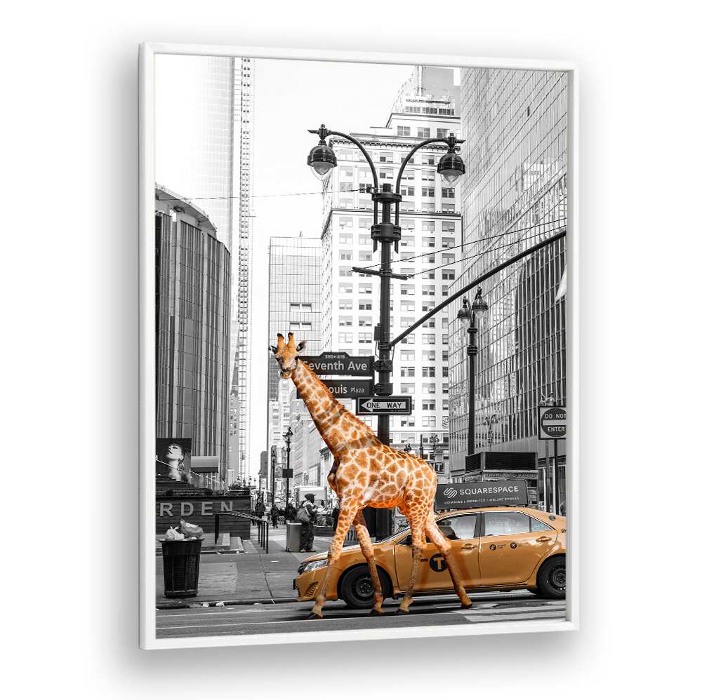 Giraffe crossing the street in urban setting, capturing the essence of MORNING WALK, ANIMAL PAINTINGS for unique decor.