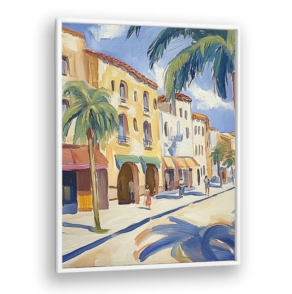 Vibrant PALM TREES ON THE STREET print adds tropical elegance to your wall art collection, enhancing any living space.