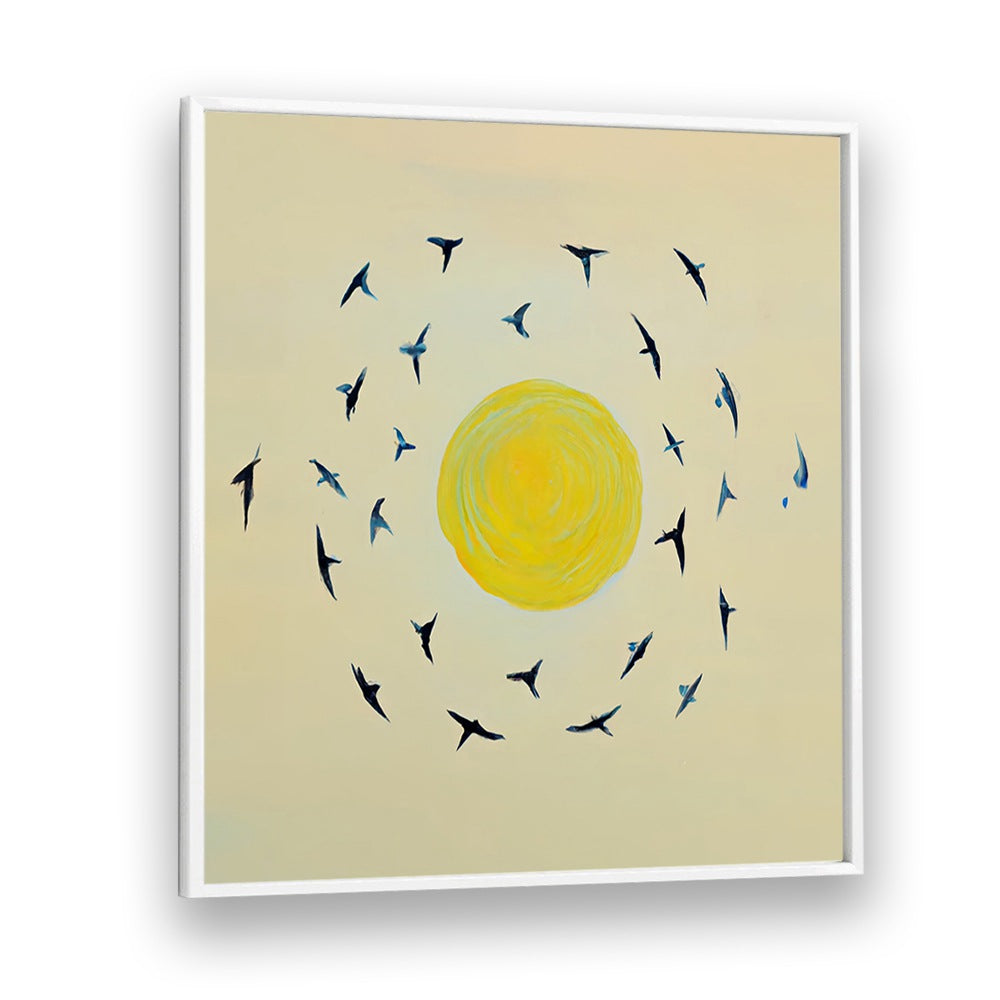 FLY AWAY WITH ME , KIDS ROOM PAINTINGS with birds flying around a bright yellow sun on a soft beige background.