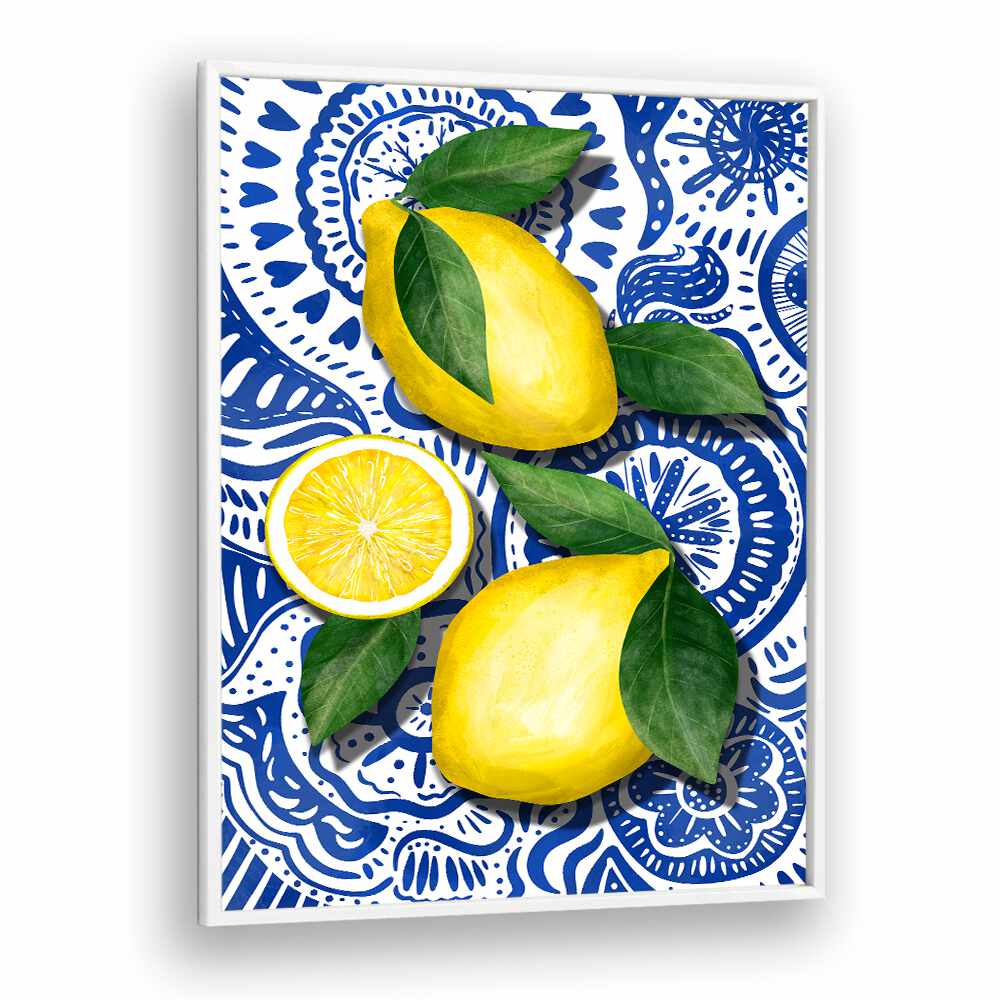 Bright and vibrant LIMONES, KITCHEN POSTERS featuring fresh lemons and artistic blue patterns for your kitchen decor.
