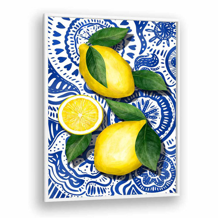Bright and vibrant LIMONES, KITCHEN POSTERS featuring fresh lemons and artistic blue patterns for your kitchen decor.