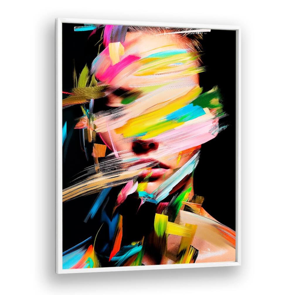 Colorful brush strokes blend into a captivating visage in FACELESS I, ABSTRACT PAINTINGS by Philippe HUGONNARD.