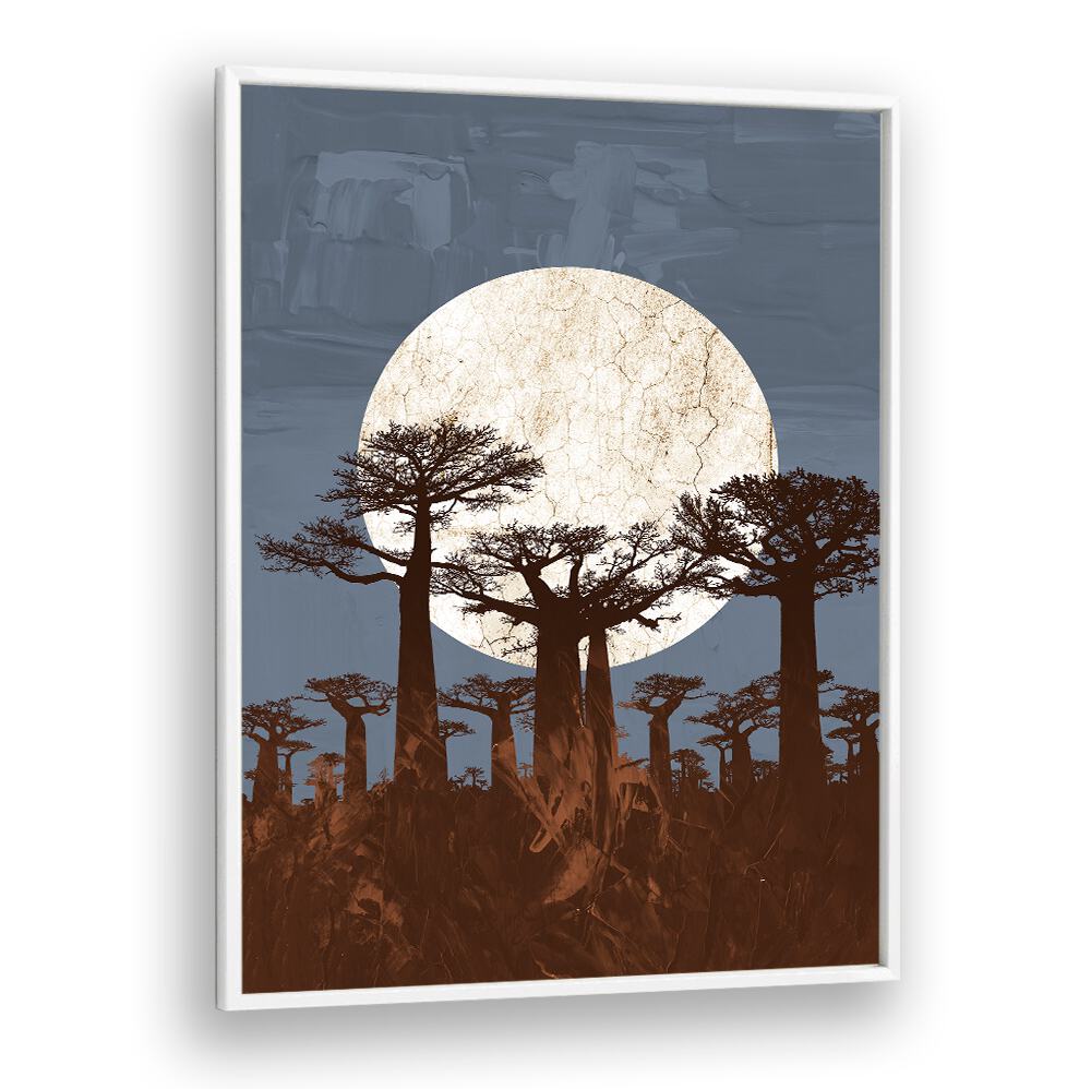 ONYESHA ODILI, AFRICAN ART PAINTINGS showcasing elegant baobab trees against a striking moonlit sky.