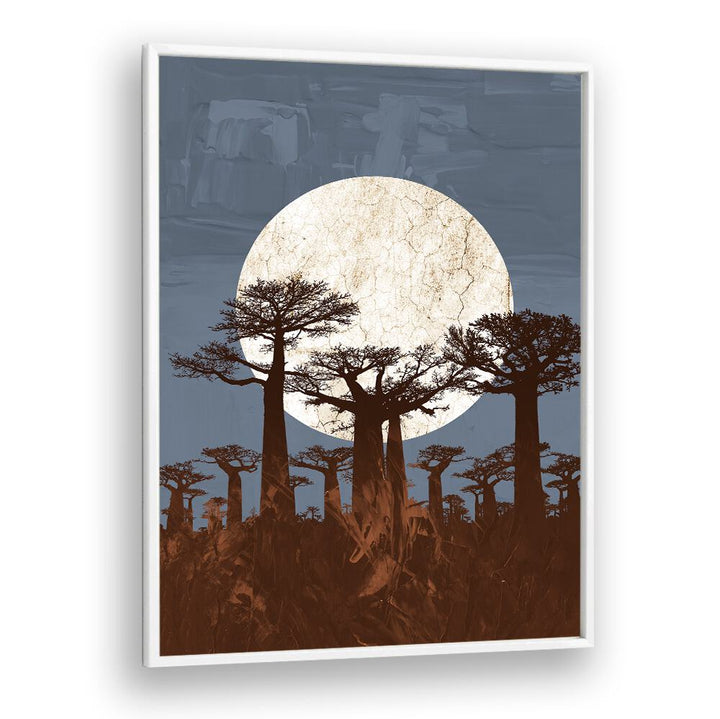 ONYESHA ODILI, AFRICAN ART PAINTINGS showcasing elegant baobab trees against a striking moonlit sky.