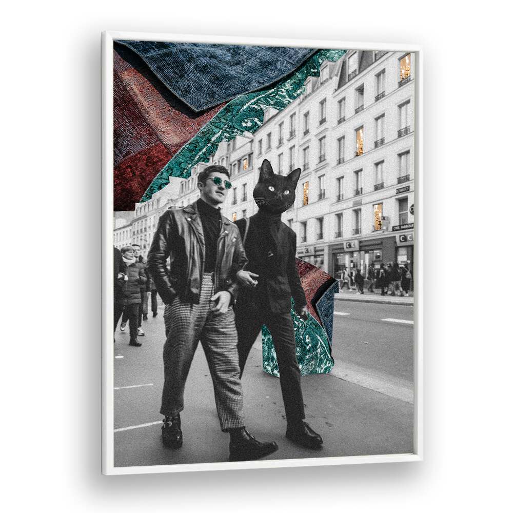 Surreal art print featuring a cat in the city, perfect for cat lovers. Explore CAT IN CITY, SURREAL ART PRINTS now!
