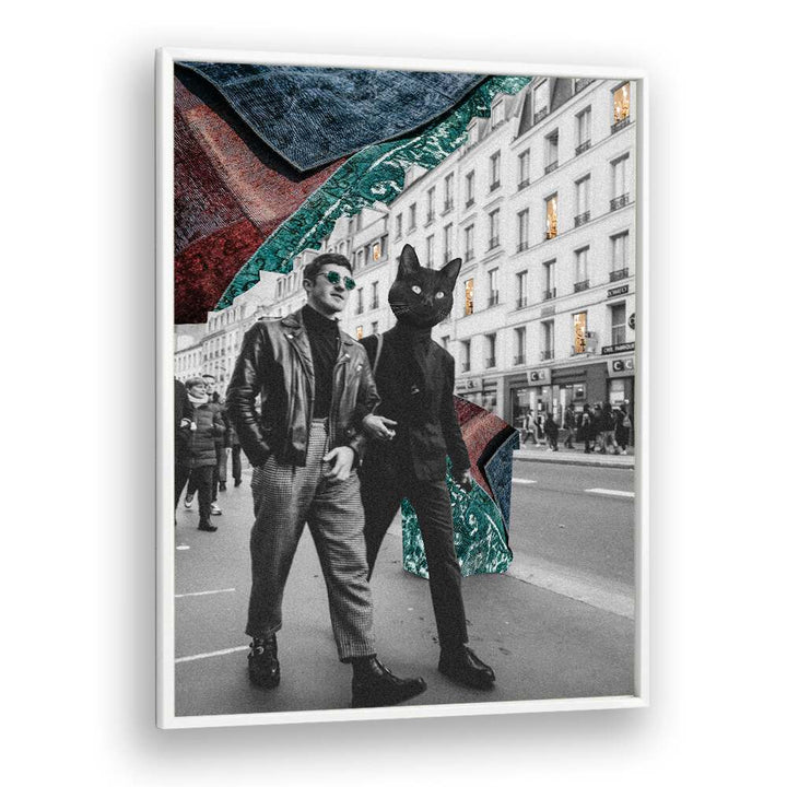 Surreal art print featuring a cat in the city, perfect for cat lovers. Explore CAT IN CITY, SURREAL ART PRINTS now!