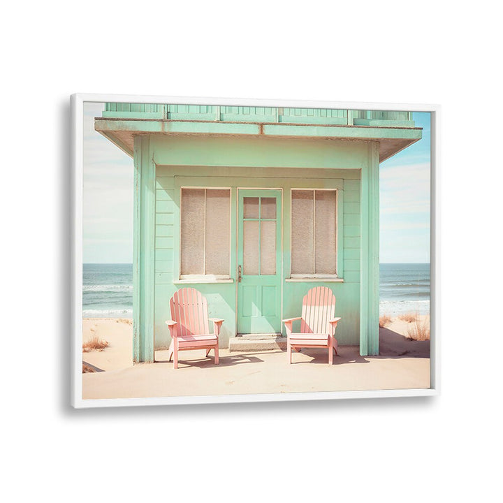 Pastel Perspectives, Beach Paintings showcase a serene beachfront scene with charming pink chairs and a pastel-colored house.
