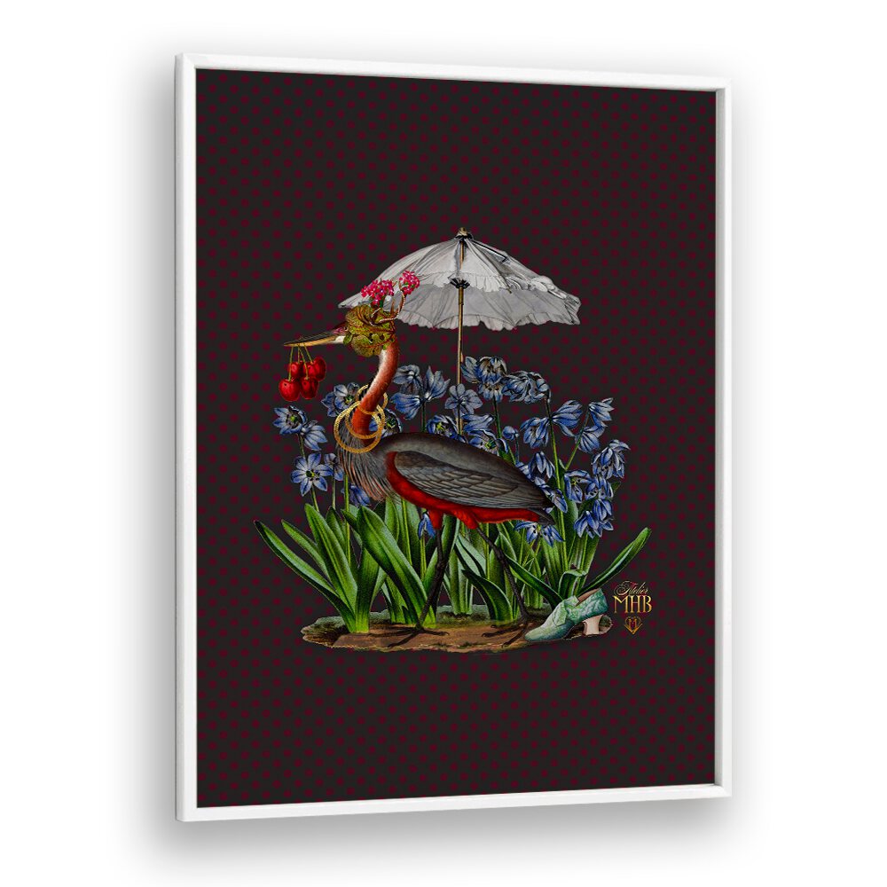 Whimsical ENCHANTED FOREST I, ANIMAL PAINTINGS featuring a charming bird under an umbrella surrounded by flowers.