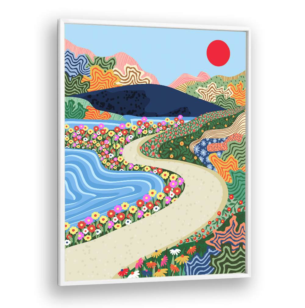 Vibrant SOOTHING HORIZON, LANDSCAPE PAINTINGS evoke tranquility with colorful flowers, a winding path, and serene water.