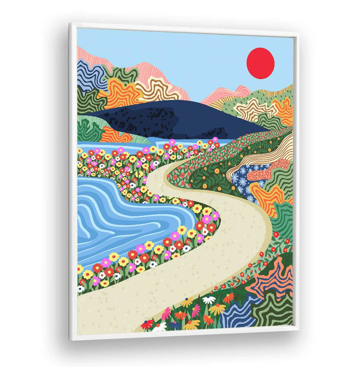 Vibrant SOOTHING HORIZON, LANDSCAPE PAINTINGS evoke tranquility with colorful flowers, a winding path, and serene water.
