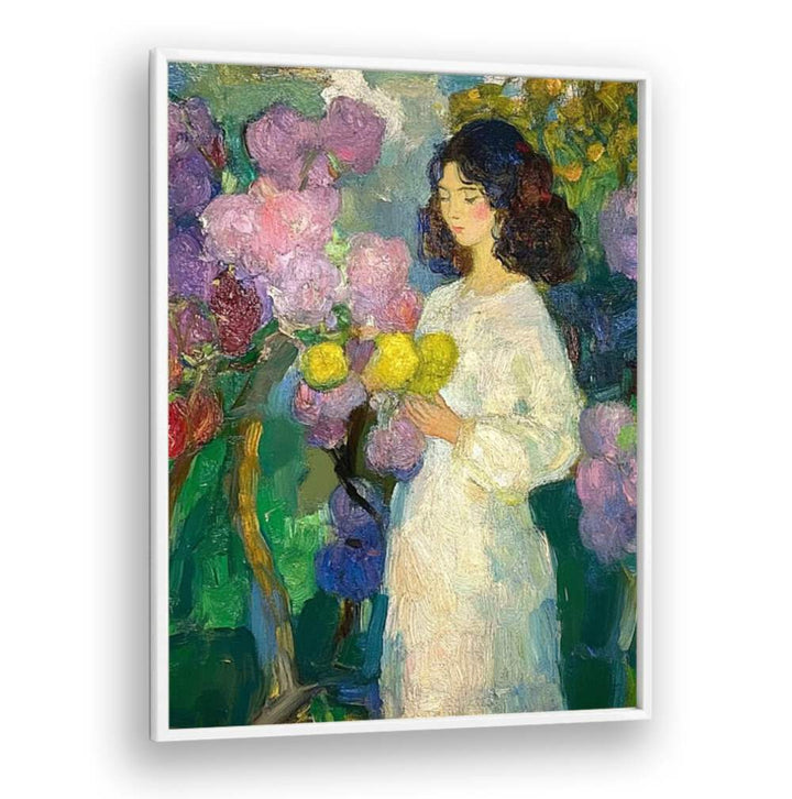Enchanting GIRL IN THE GARDEN artwork showcasing a serene woman among vibrant flowers, perfect for adding tranquility.