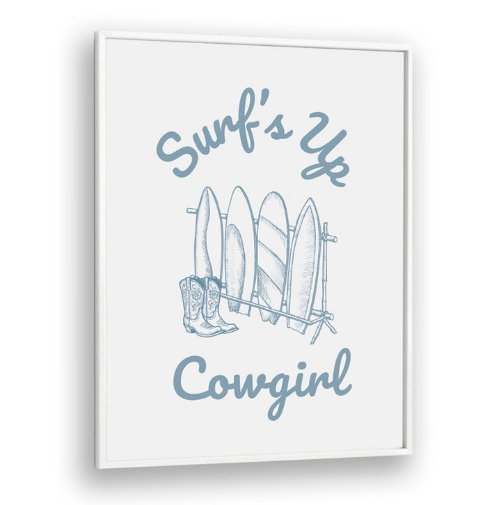 Stylish SURFS UP COWGIRL, BEACH PAINTINGS featuring surfboards and cowboy boots, perfect for adventurous decor.