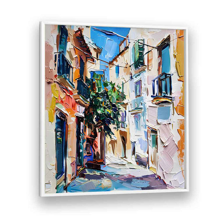 Vibrant art piece titled MALLORCA STREET, showcasing the charm of quaint streets and artistic flair.