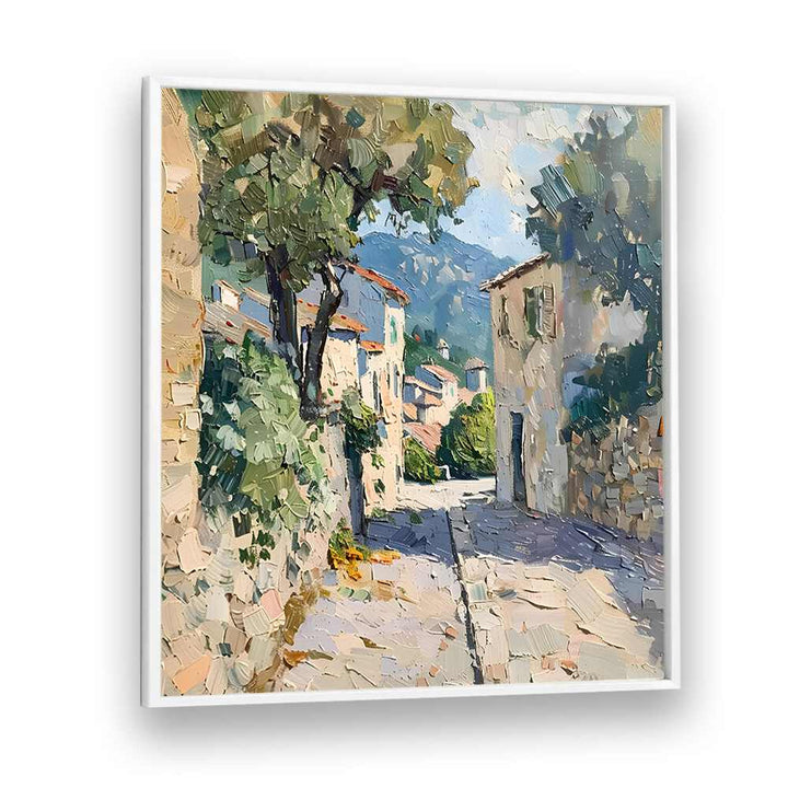 Vibrant Mediterranean scene captured in STREET IN MALLORCA IV, showcasing charming summer streets and lush greenery.