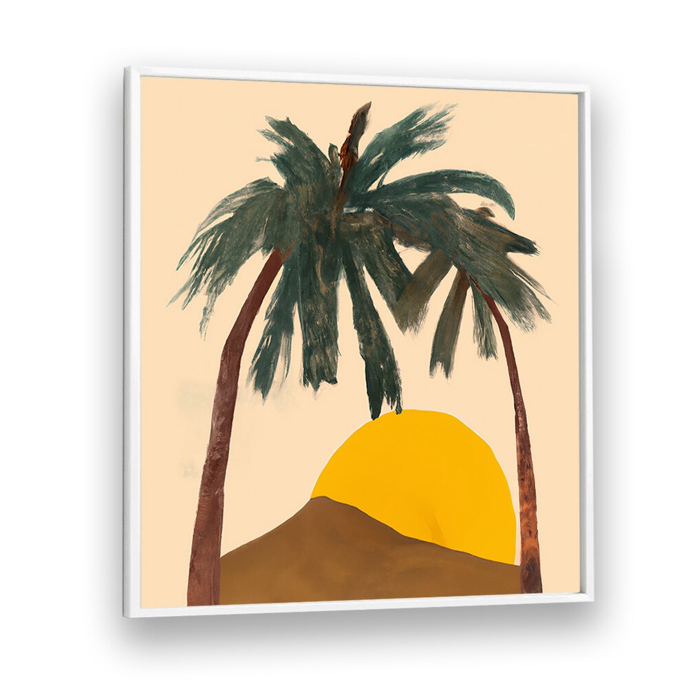 ARCHY PALMS, BEACH PAINTINGS featuring two palm trees with a yellow sun and brown hill in a minimalist coastal design.