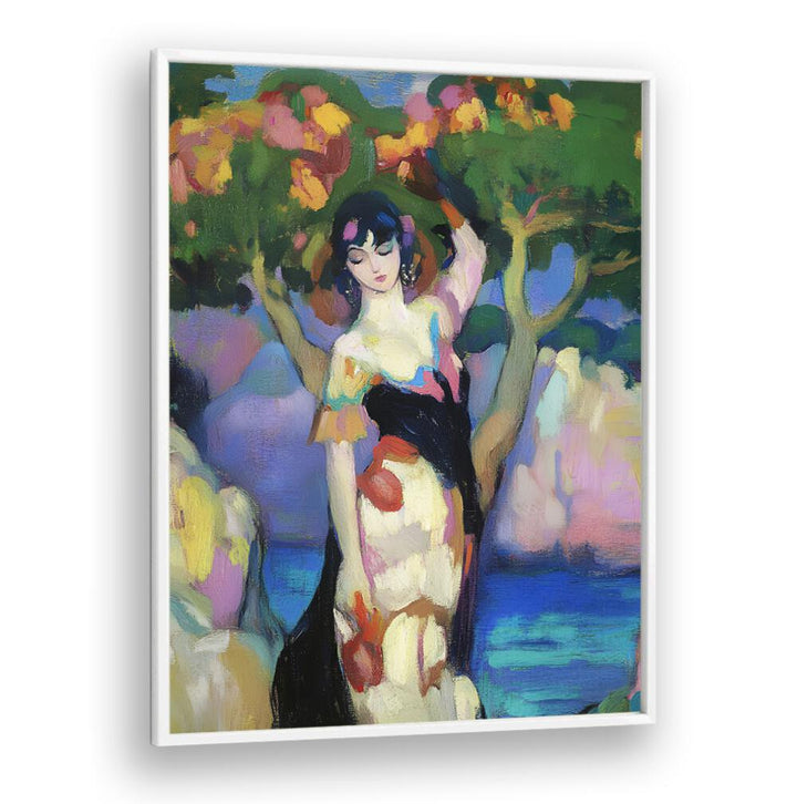 WOMAN BY THE SEA II captures the essence of coastal beauty and feminine grace with vibrant colors and serene elegance.