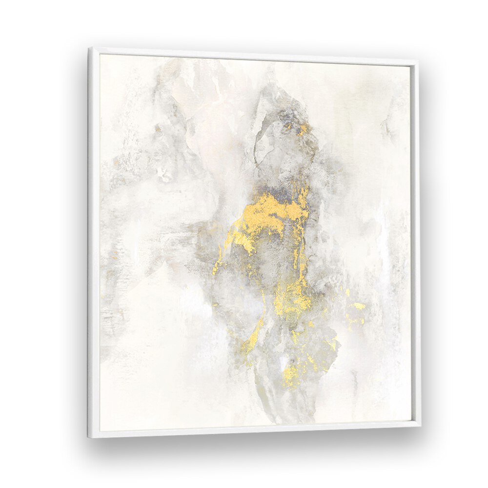 Elegant abstract painting, "YOSEMITE FALLS I," features soft grays and vibrant gold accents, enhancing any space.