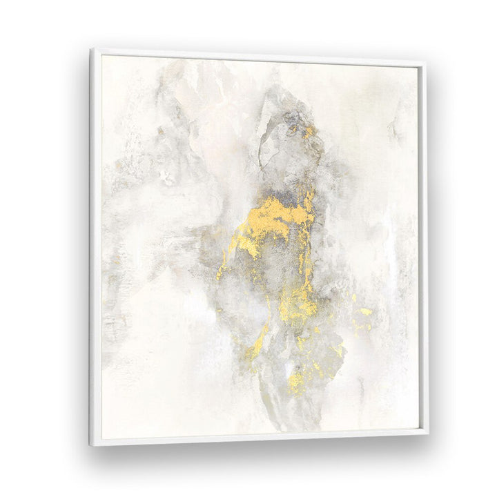 Elegant abstract painting, "YOSEMITE FALLS I," features soft grays and vibrant gold accents, enhancing any space.