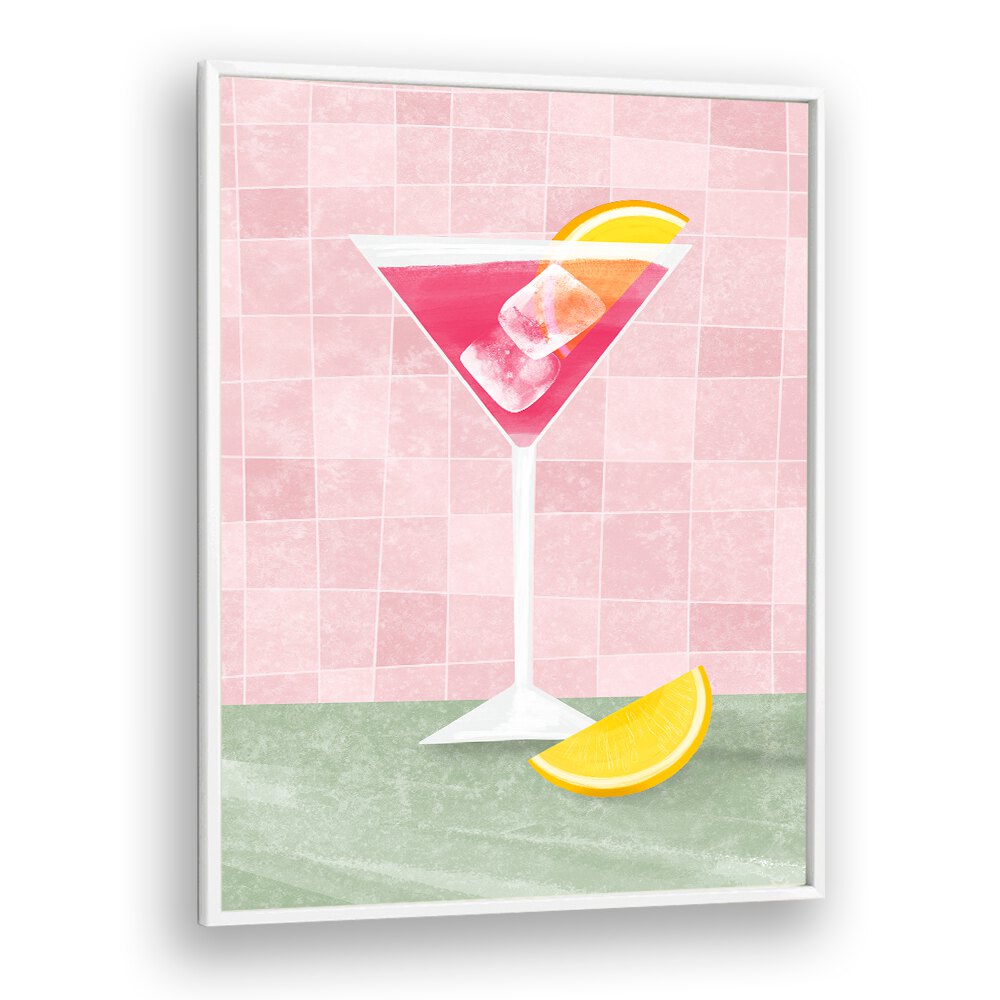 Colorful PINK COCTAIL , BAR art featuring a refreshing drink with lemon, perfect for bar and cafe decor.