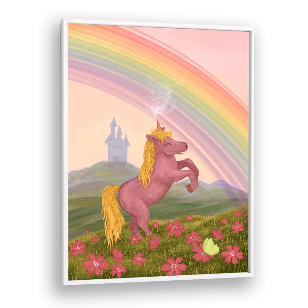 Charming RAINBOW UNICORN, KIDS ROOM PAINTINGS featuring a playful unicorn under a vibrant rainbow and flowers.