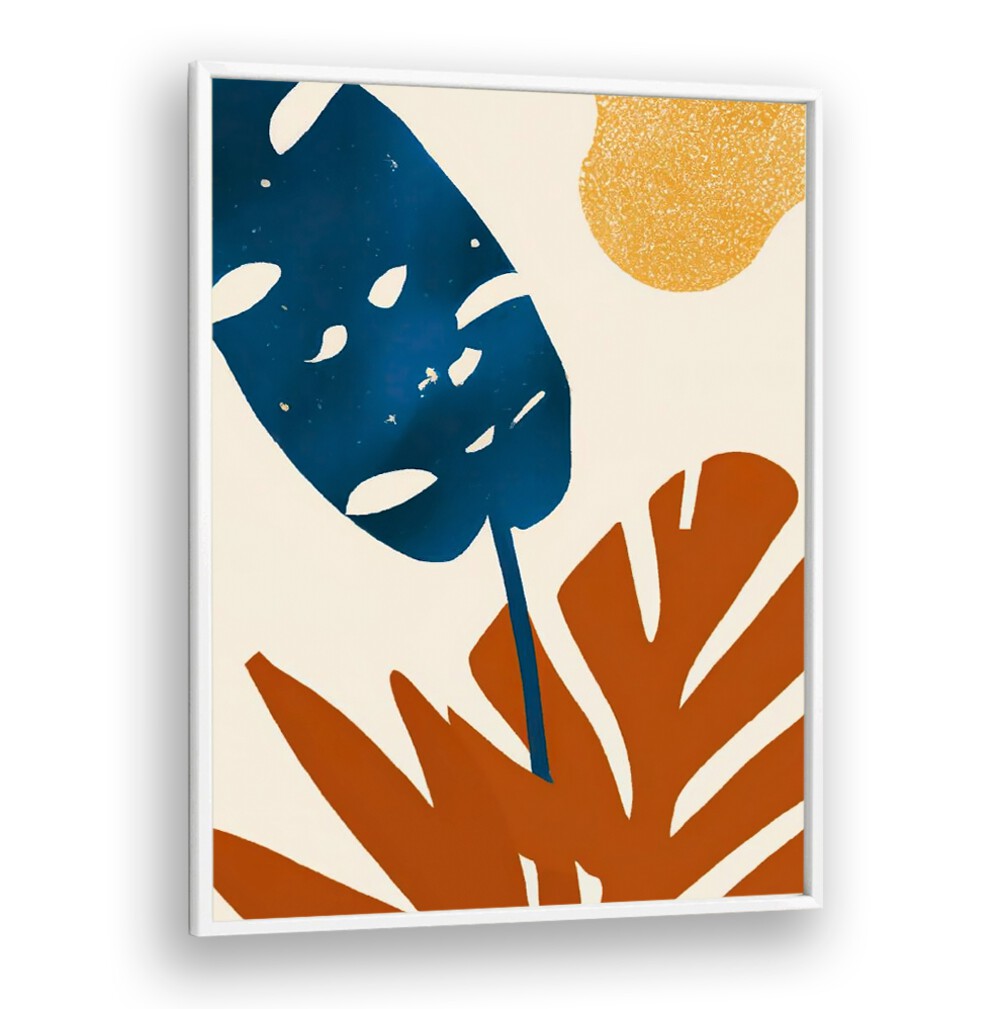 PRIMARY PALMS , FLORAL FLOWER PAINTINGS featuring bold blue and rust leaves with a bright yellow sun accent.