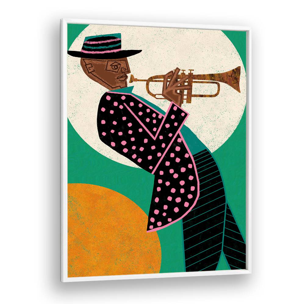 Colorful MUSICIAN GUY I, MOVIE POSTERS design featuring a trumpet player, perfect for music lovers and artists.