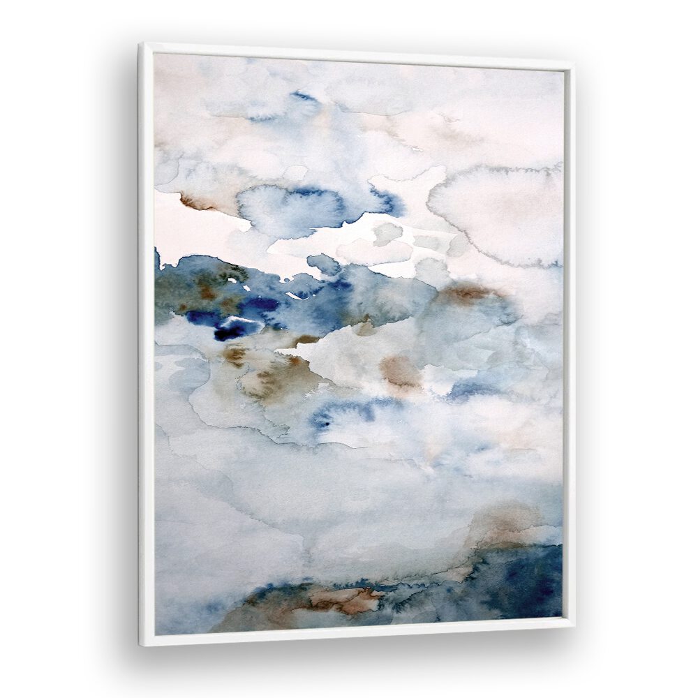Watercolor abstract painting "UP IN THE CLOUDS III" showcases soft blues and earthy tones, perfect for any decor.