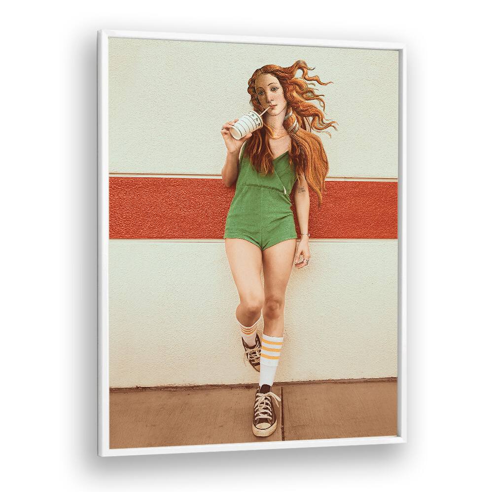 Stylish woman in green outfit holding a drink, showcasing VENUS CHILLOUT MOOD, ALTERED ART PRINTS for serene decor.