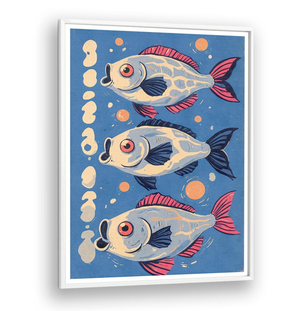 Vibrant artwork of fish on blue background in OCEANIC LIFE - FISHES II, BEACH PAINTINGS collection. Perfect for sea lovers.