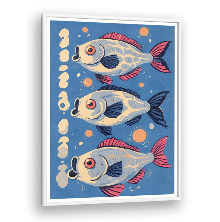 Vibrant artwork of fish on blue background in OCEANIC LIFE - FISHES II, BEACH PAINTINGS collection. Perfect for sea lovers.