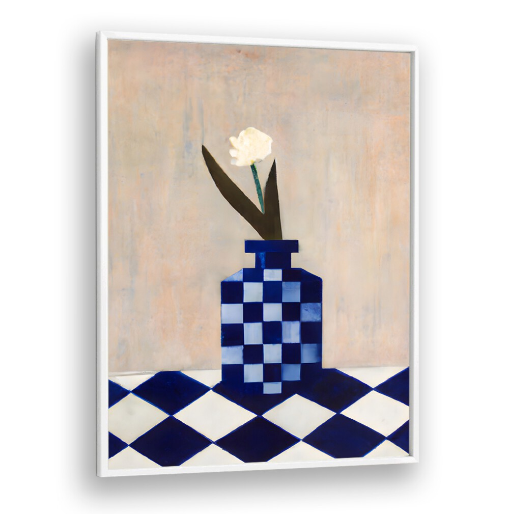CHECK THE VASE , KITCHEN POSTERS featuring a blue checkered vase with a white flower on a matching checkered surface.