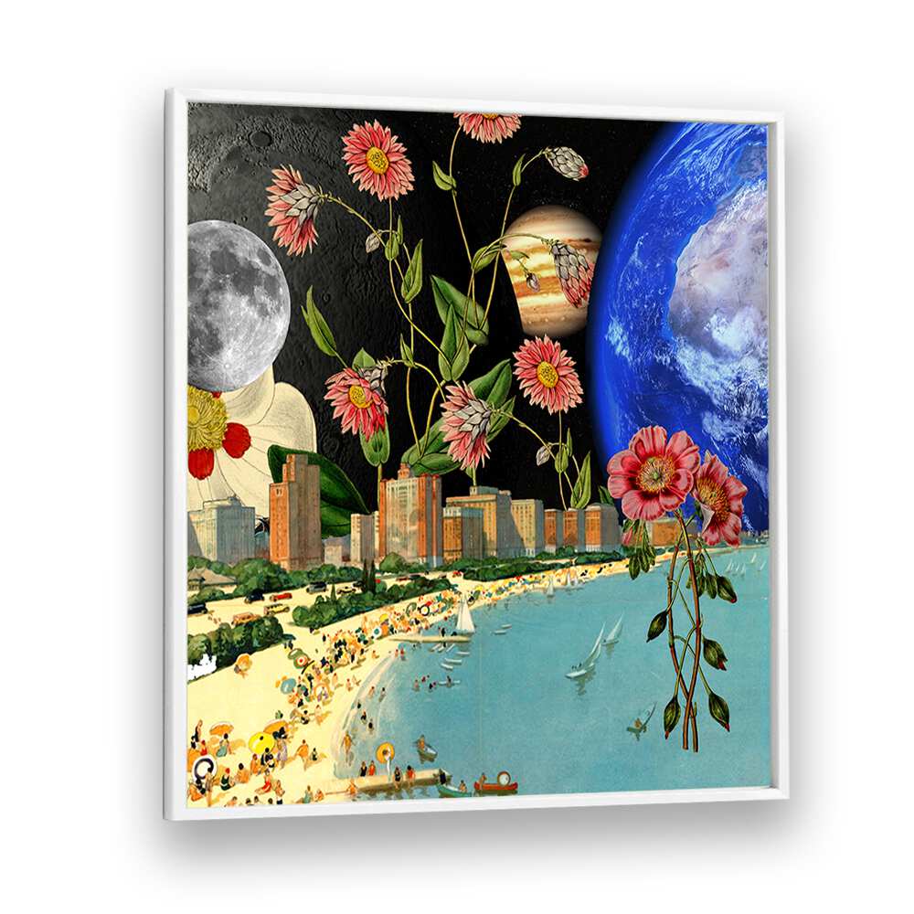 Surreal art print featuring a vibrant beach scene, perfect for relaxing vibes—BEACH WITH A VIEW, SURREAL ART PRINTS.
