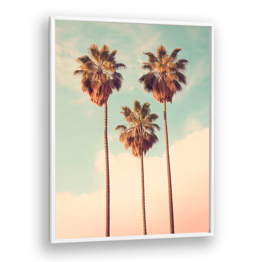 Three tall palm trees against a pastel sky in PALMS PARADISE, BEACH PAINTINGS, perfect for elegant home decor.