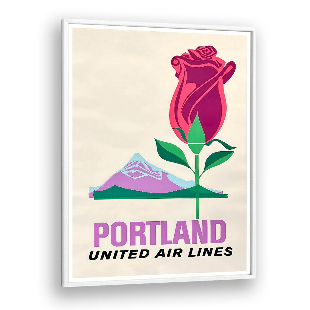 Colorful PORTLAND UNITED AIR LINES, VINTAGE TRAVEL POSTERS featuring a rose and mountain, perfect for travel enthusiasts.