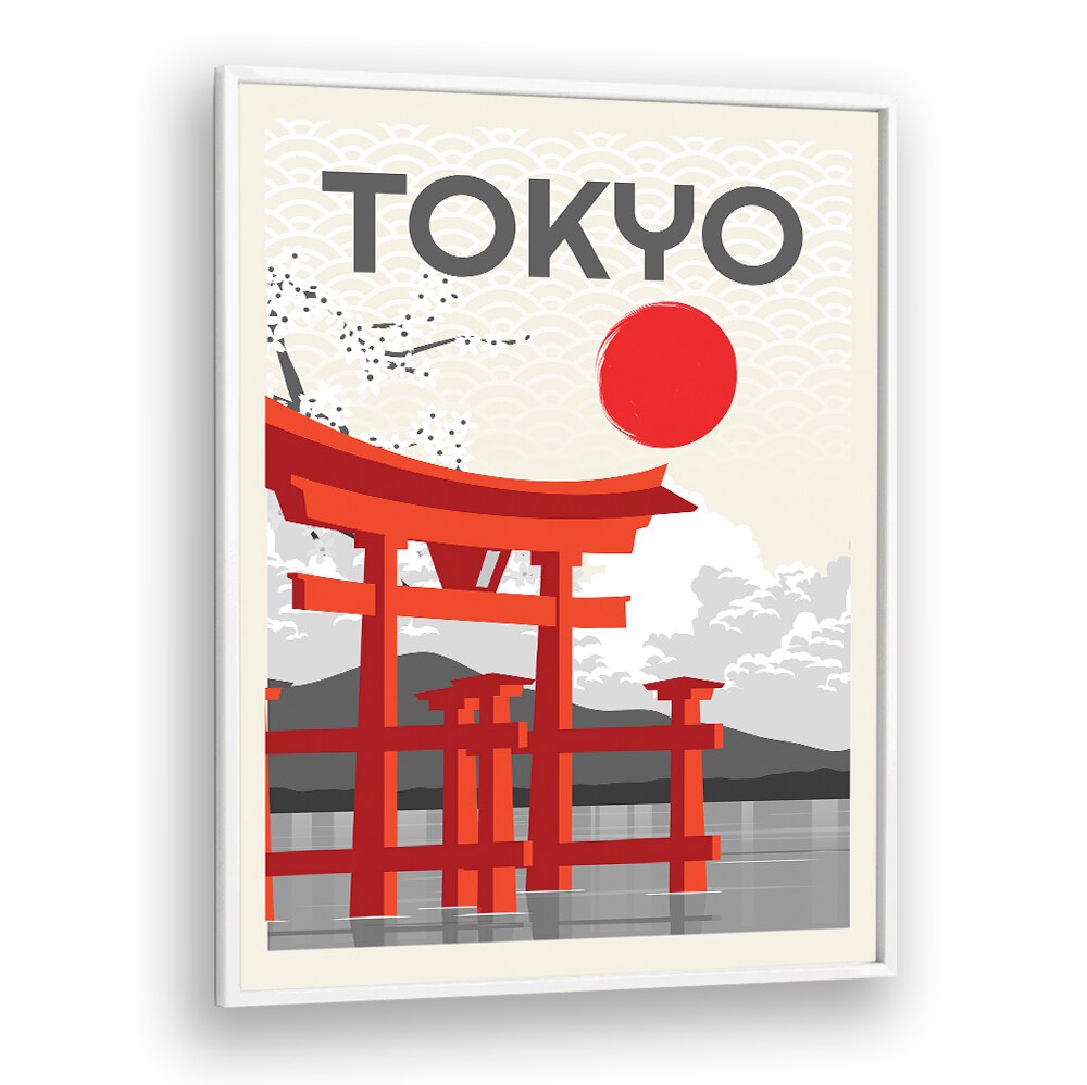 Vibrant TOKYO SUN, JAPANESE PAINTINGS artwork showcasing a traditional torii gate and red sun, capturing Tokyo's essence.