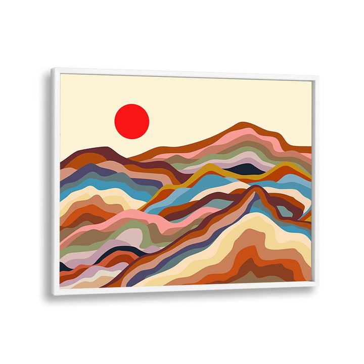 Vibrant EARTHEN MAJESTY, LANDSCAPE PAINTINGS showcasing colorful mountains and a bold sun, perfect for home decor.
