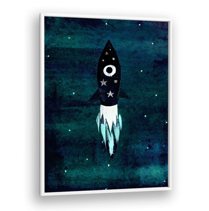 SKY ROCKET HIGH , KIDS ROOM PAINTINGS showcasing a playful rocket in a starry night sky for creative kids’ spaces.