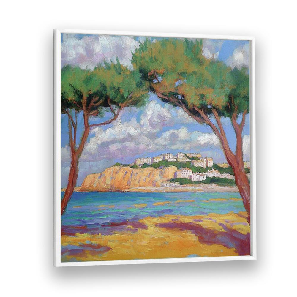 Cypress trees on the beach frame a serene coastal view, evoking tranquility in this exquisite artwork.