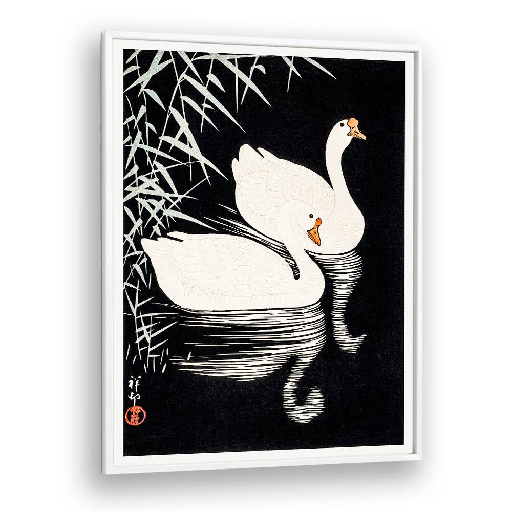 WHITE CHINESE GEESE SWIMMING   , JAPANESE PAINTINGS , JAPANESE ART PRINTS