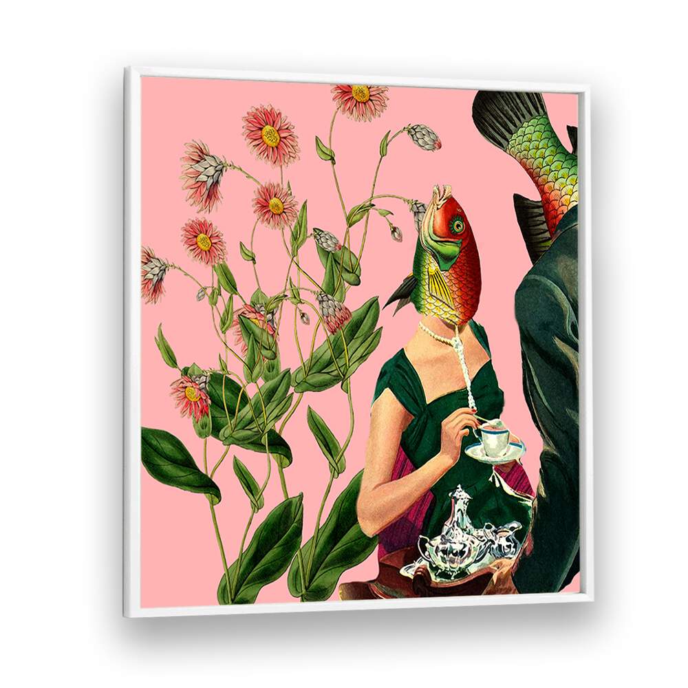 Vibrant Fish Soulmate Pink surreal art prints featuring a collage of flowers and whimsical figures, perfect for modern decor.