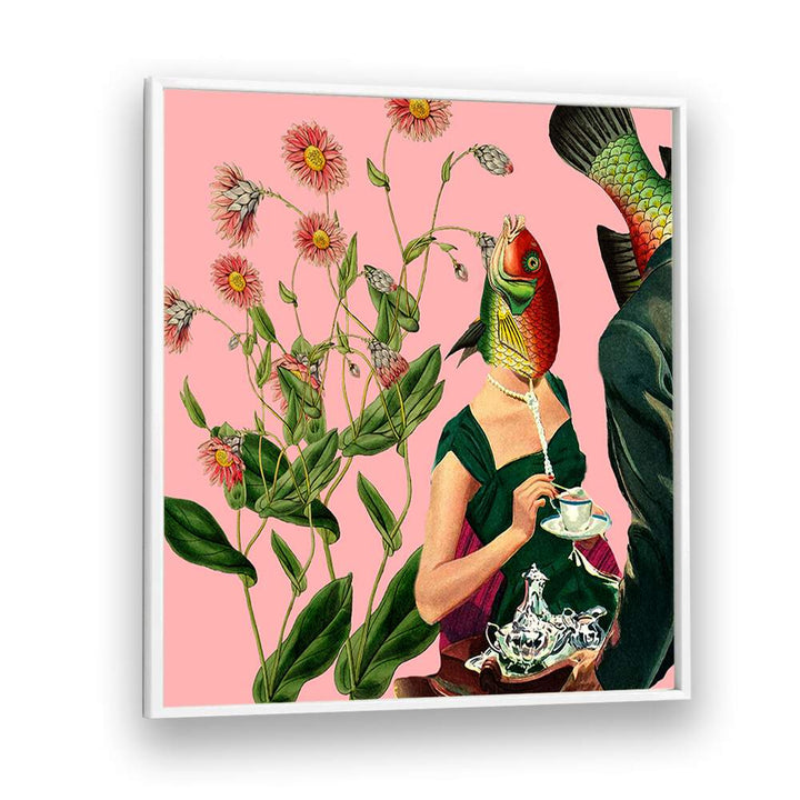Vibrant Fish Soulmate Pink surreal art prints featuring a collage of flowers and whimsical figures, perfect for modern decor.