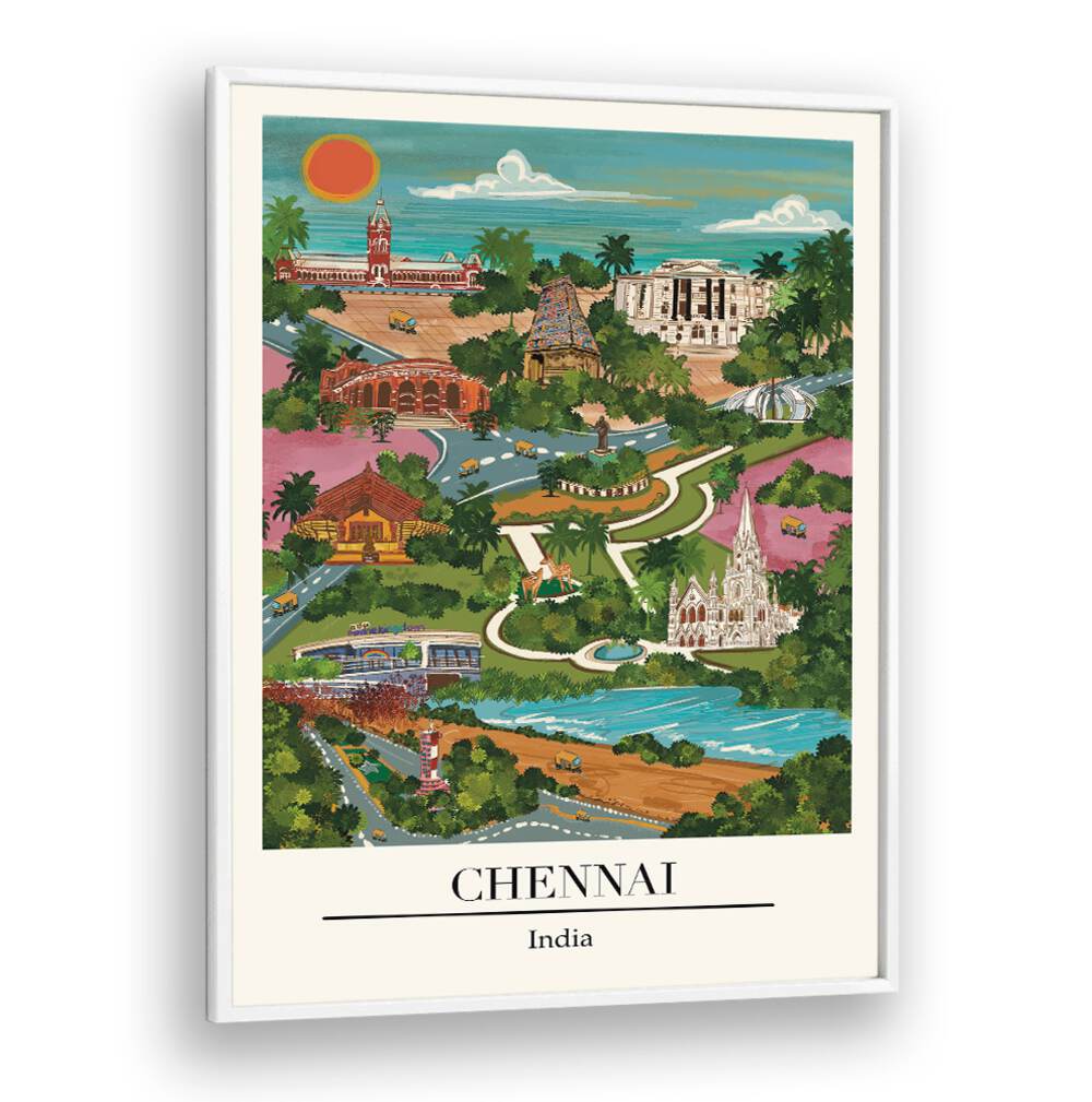 Chennai Travel Posters by Saumya Agarwal showcase the vibrant coastal charm of Tamil Nadu's capital city.