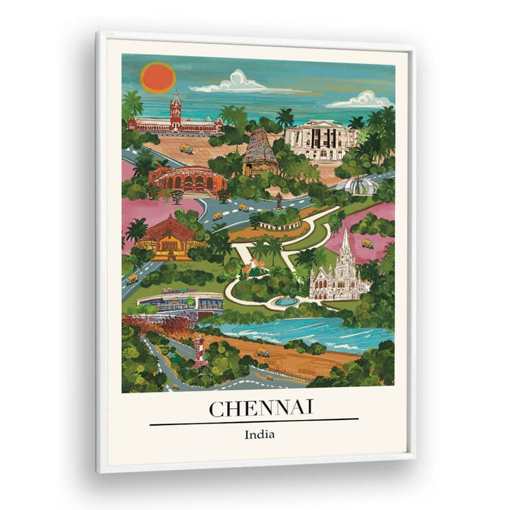 Chennai Travel Posters by Saumya Agarwal showcase the vibrant coastal charm of Tamil Nadu's capital city.