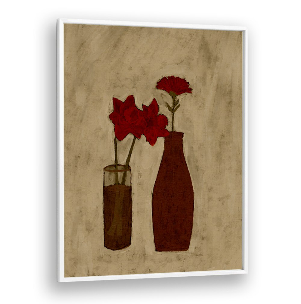 Elegant BLOSSOM BLEND, FLORAL FLOWER PAINTINGS feature vibrant red flowers in stylish vases, perfect for home decor.