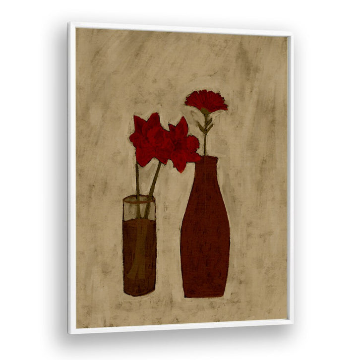 Elegant BLOSSOM BLEND, FLORAL FLOWER PAINTINGS feature vibrant red flowers in stylish vases, perfect for home decor.